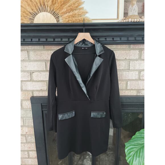 Max + Ash Black Blazer Dress Large Long Sleeve Faux Leather Lapel Tuxedo - Picture 1 of 7